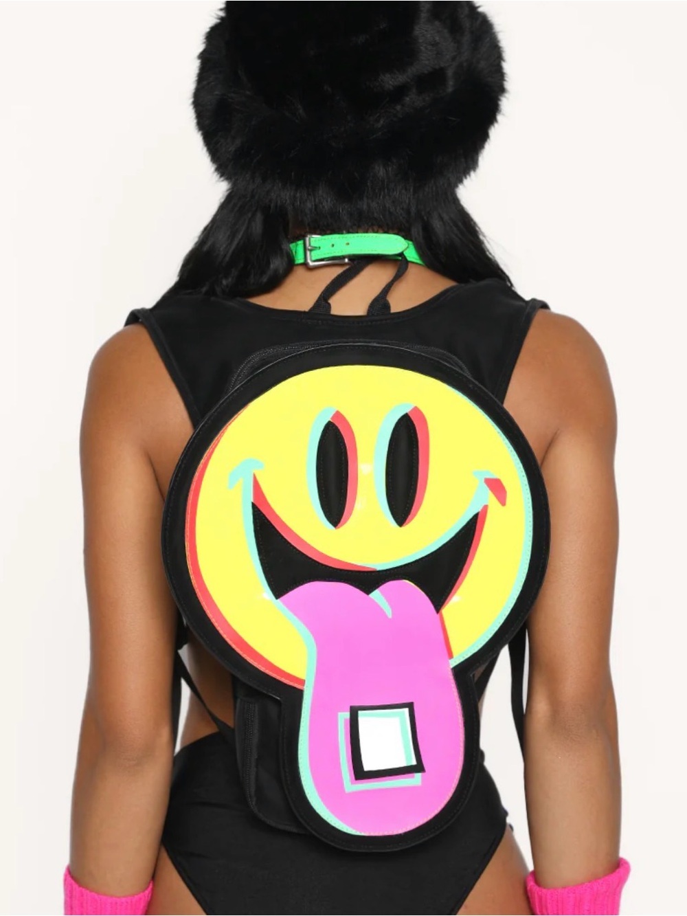 iHeartRaves Neon Yellow Smiley Face Backpack with Pink Tongue